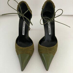 Manolo Blahnik Designer Women's Shoes - Green Suede and Leather Heels